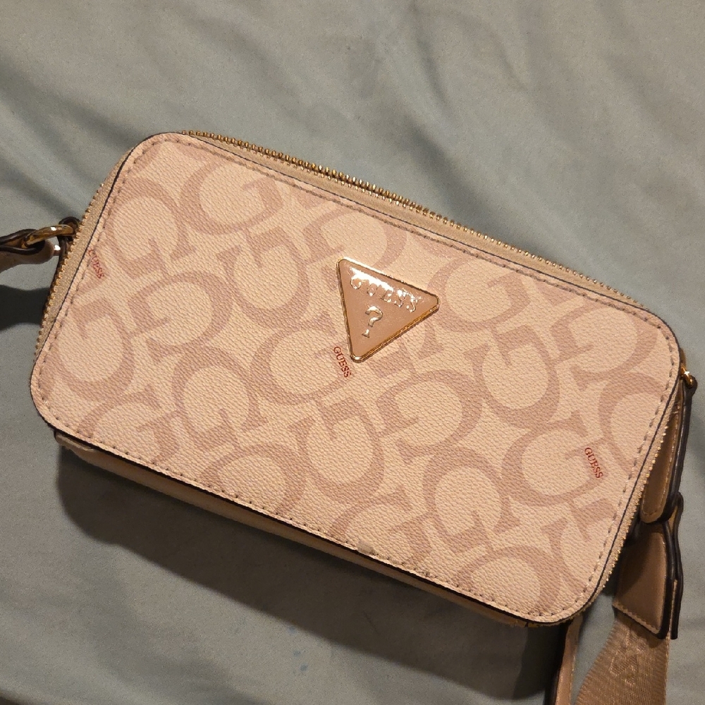 Guess Logo Patterned Crossbody Bag in Beige